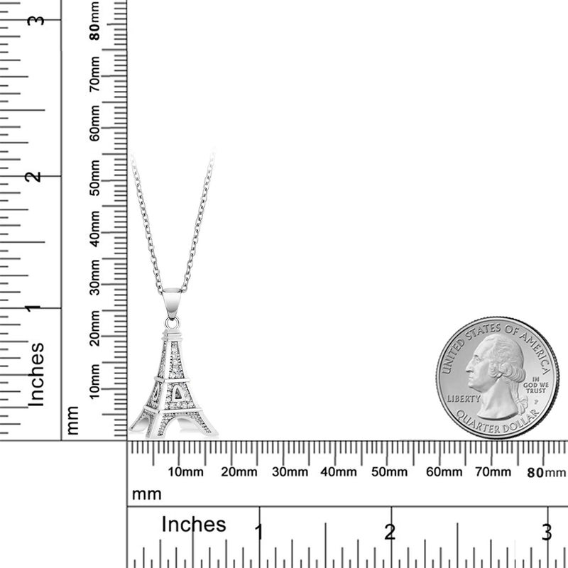 Gem Stone King France Eiffel Tower Pendant Necklace for Women | White Zirconia Set in 925 Sterling Silver | 0.5 Inch | with 18 Inch Complimentary Chain - Image 2